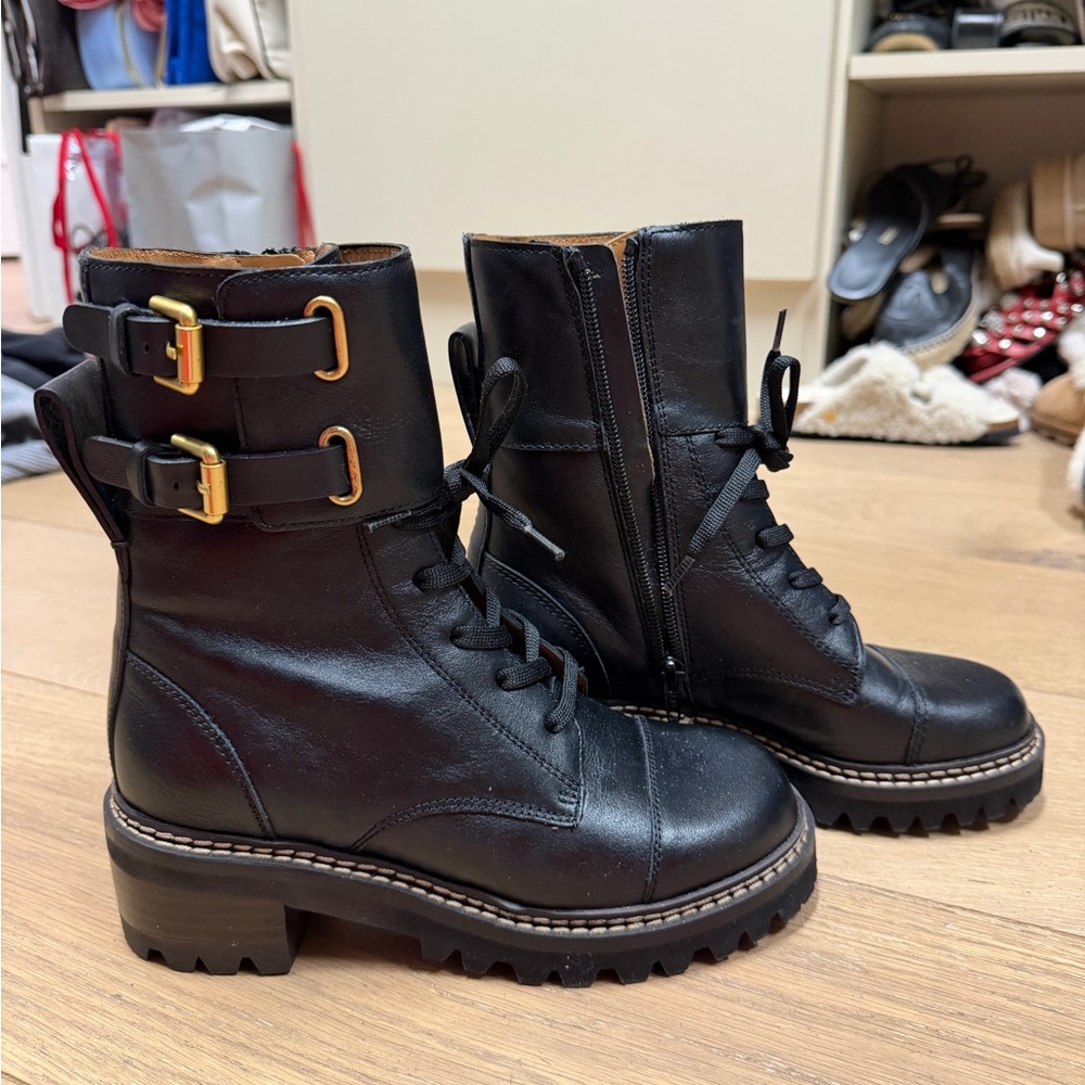 See By Chloe Black Leather Ankle Boots with Gold Buckles